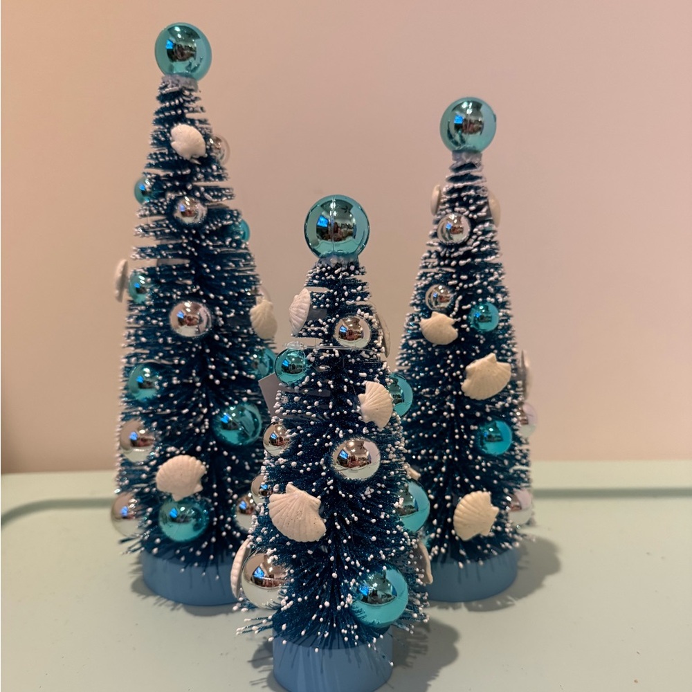 Pretty Blue, Silver, and Seashells Holiday Trees- Set of 3- NIB - Picture 1 of 7